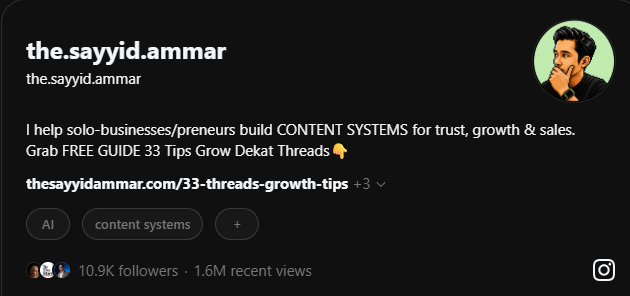 Snapshot profil The Sayyid Ammar dengan 10.9 ribu followers dan 1.6 juta recent views